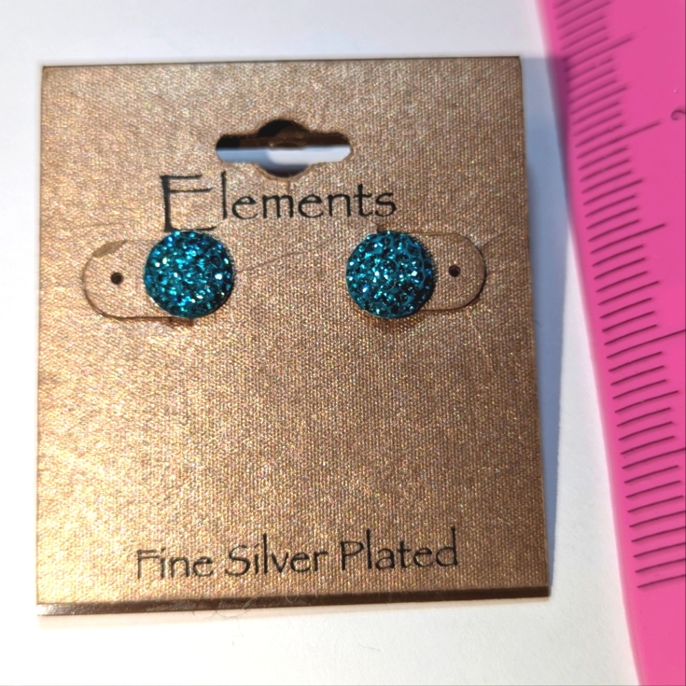 Fine Silver Plated Elements Earrings Aquamarine Dome Stainless Steel Studs